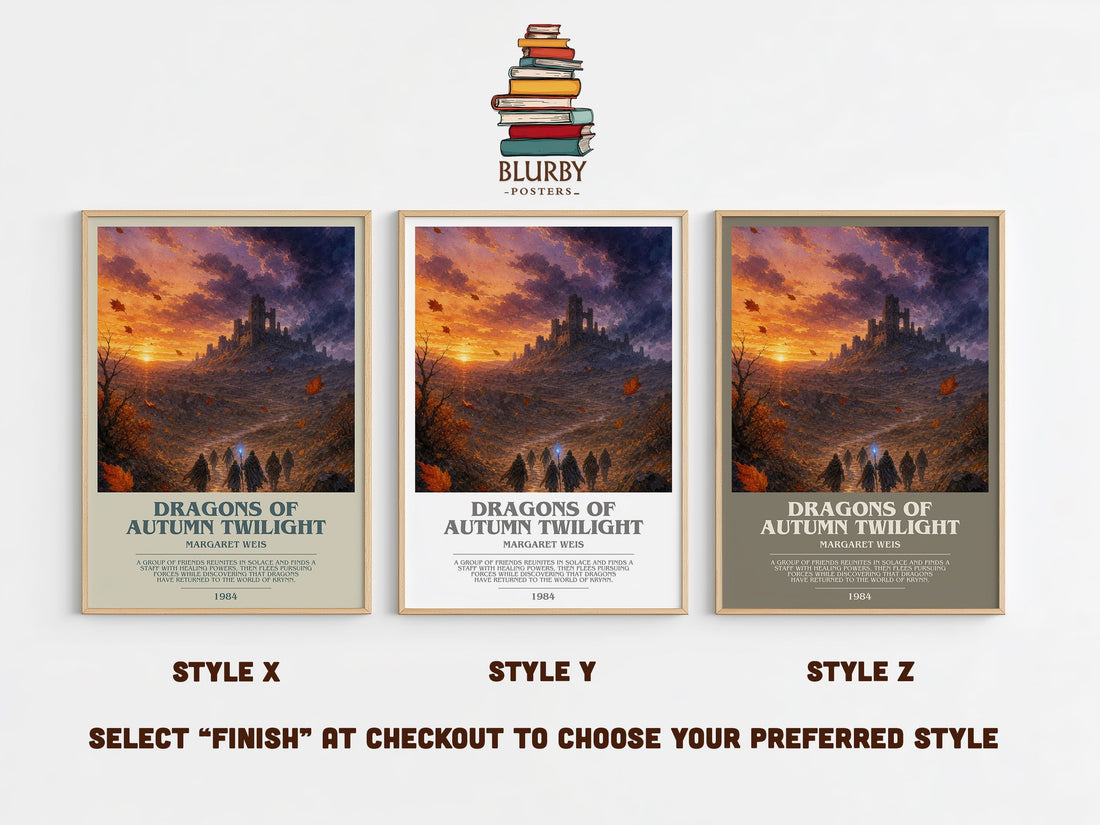 Dragons of Autumn Twilight bookish print in frame leaning in hallway – fantasy wall art (mockup)