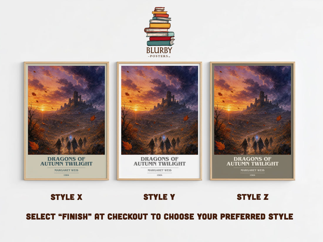 Dragons of Autumn Twilight book cover print in frame leaning in hallway – fantasy wall art (mockup)