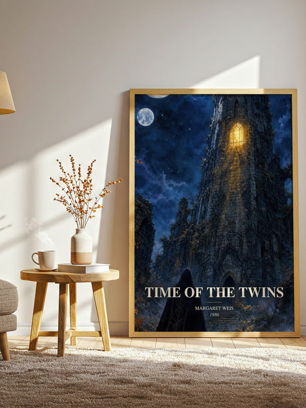 Time of the Twins watercolour print in frame leaning in hallway – fantasy wall art