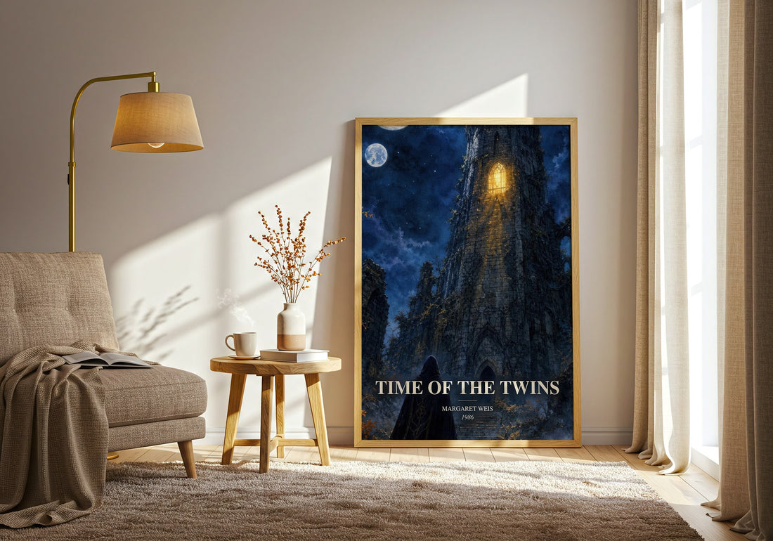 Time of the Twins watercolour print in frame leaning in hallway – fantasy wall art (mockup)