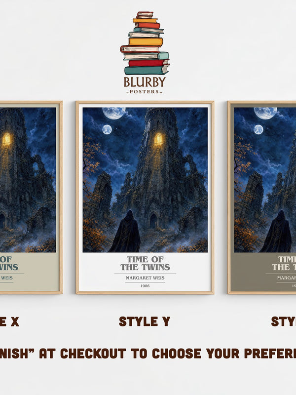 Time of the Twins book cover print in frame leaning in hallway – fantasy wall art