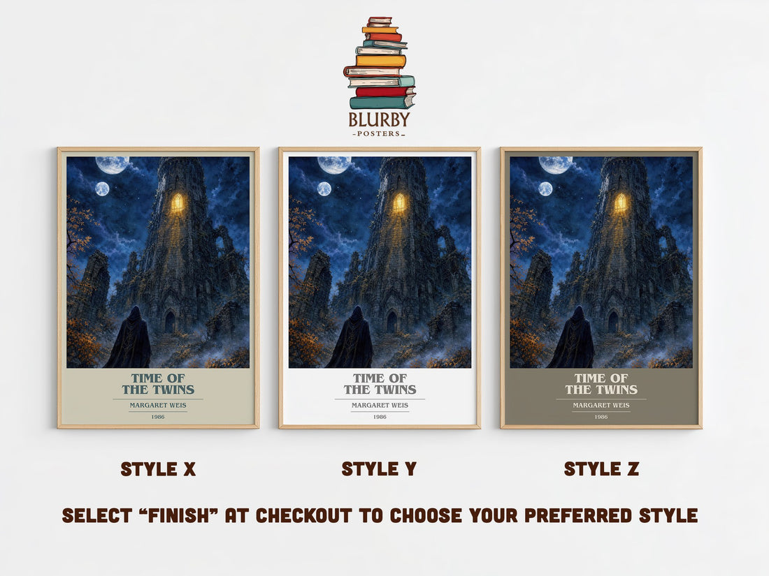 Time of the Twins book cover print in frame leaning in hallway – fantasy wall art (mockup)