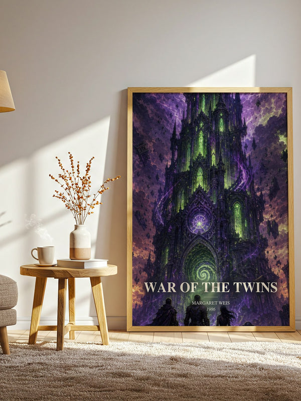 War of the Twins watercolour print in frame leaning in hallway – fantasy wall art