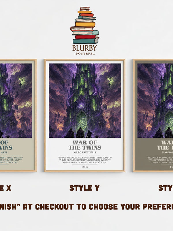 War of the Twins bookish print in frame leaning in hallway – fantasy wall art