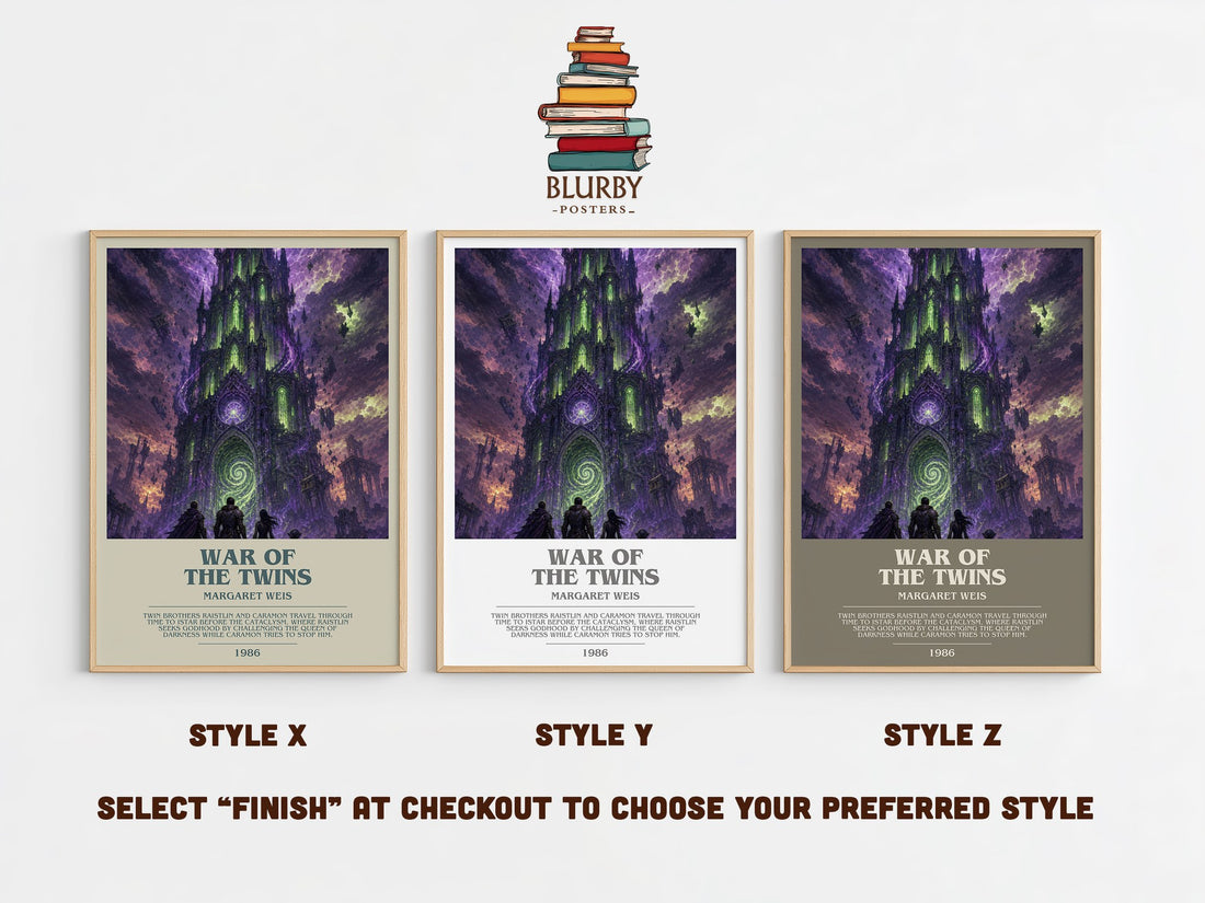 War of the Twins bookish print in frame leaning in hallway – fantasy wall art (mockup)