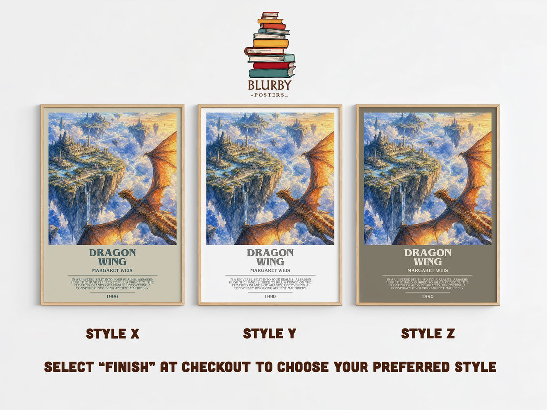 Dragon Wing bookish print in frame leaning in hallway – fantasy wall art (mockup)