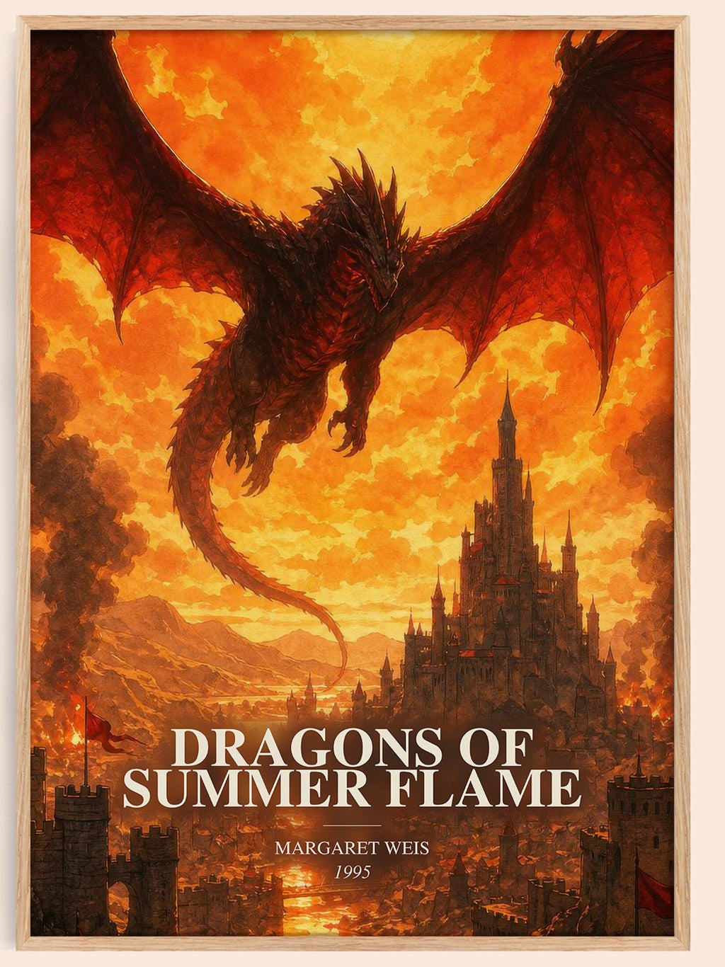 Dragons of Summer Flame watercolour book poster by Margaret Weis – framed literary art print