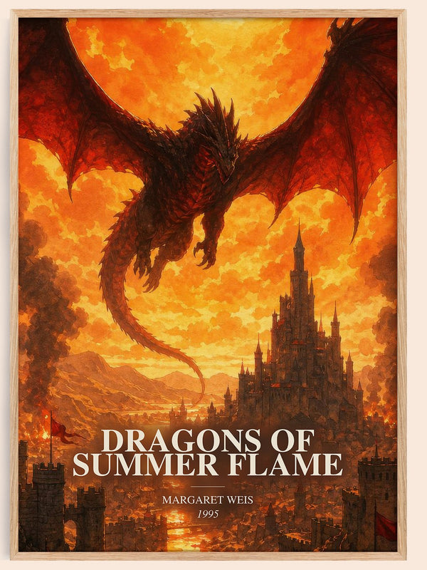 Dragons of Summer Flame watercolour book poster by Margaret Weis – framed literary art print