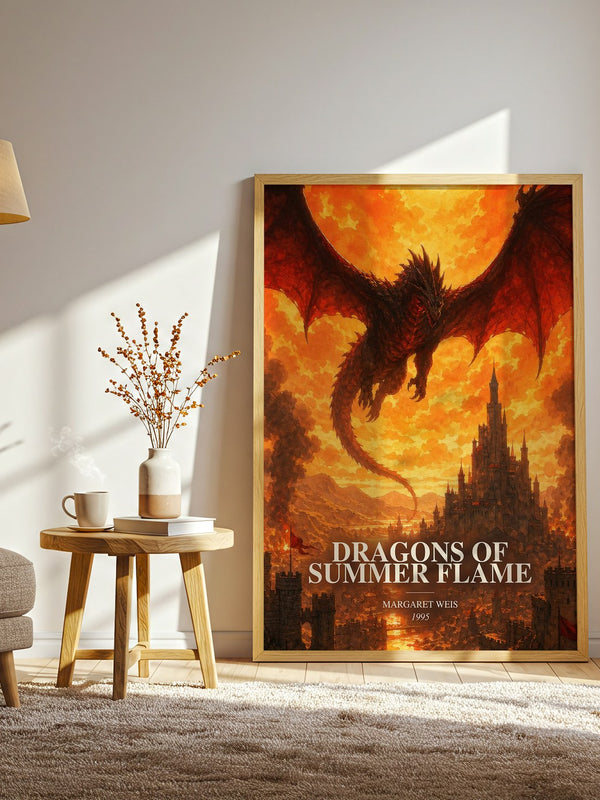Dragons of Summer Flame watercolour print in frame leaning in hallway – fantasy wall art