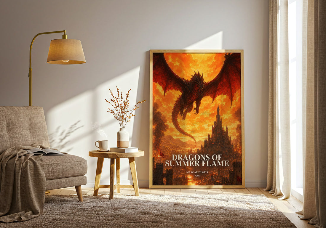 Dragons of Summer Flame watercolour print in frame leaning in hallway – fantasy wall art (mockup)
