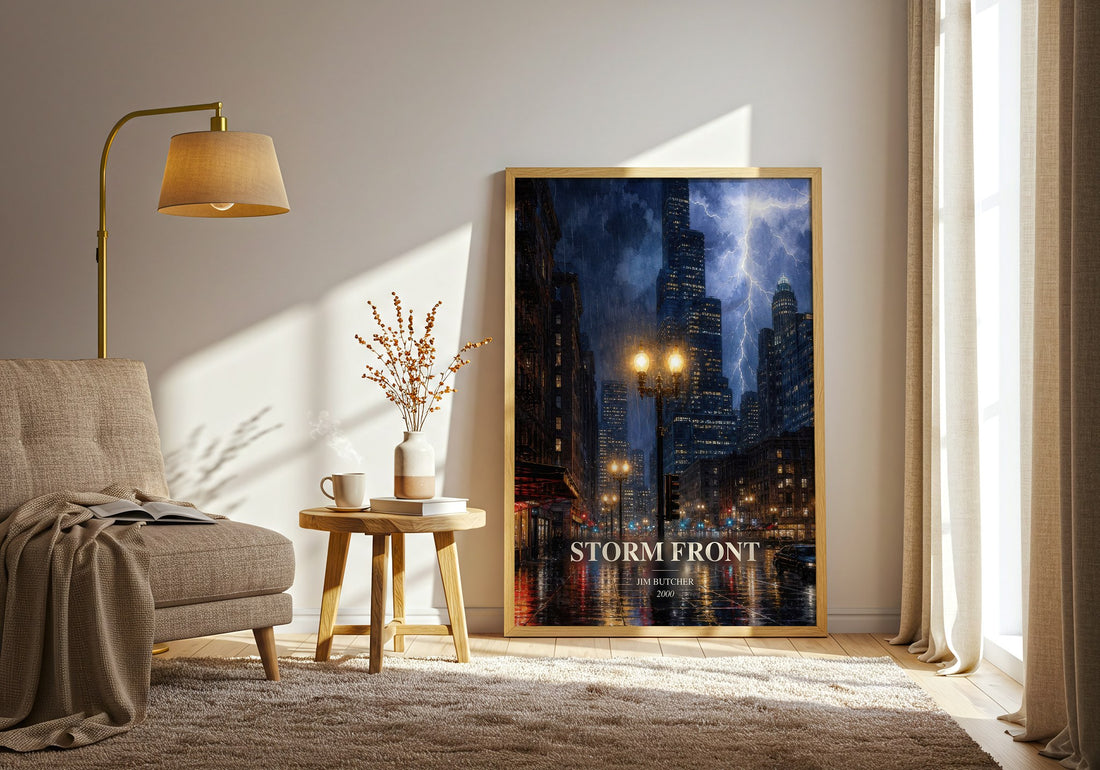 Storm Front watercolour print in frame leaning in hallway – fantasy wall art (mockup)