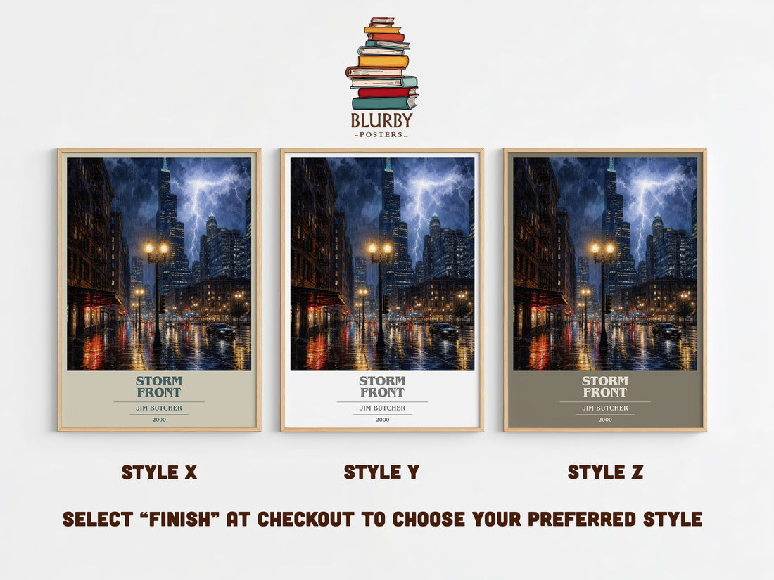 Storm Front book cover print in frame leaning in hallway – fantasy wall art (mockup)
