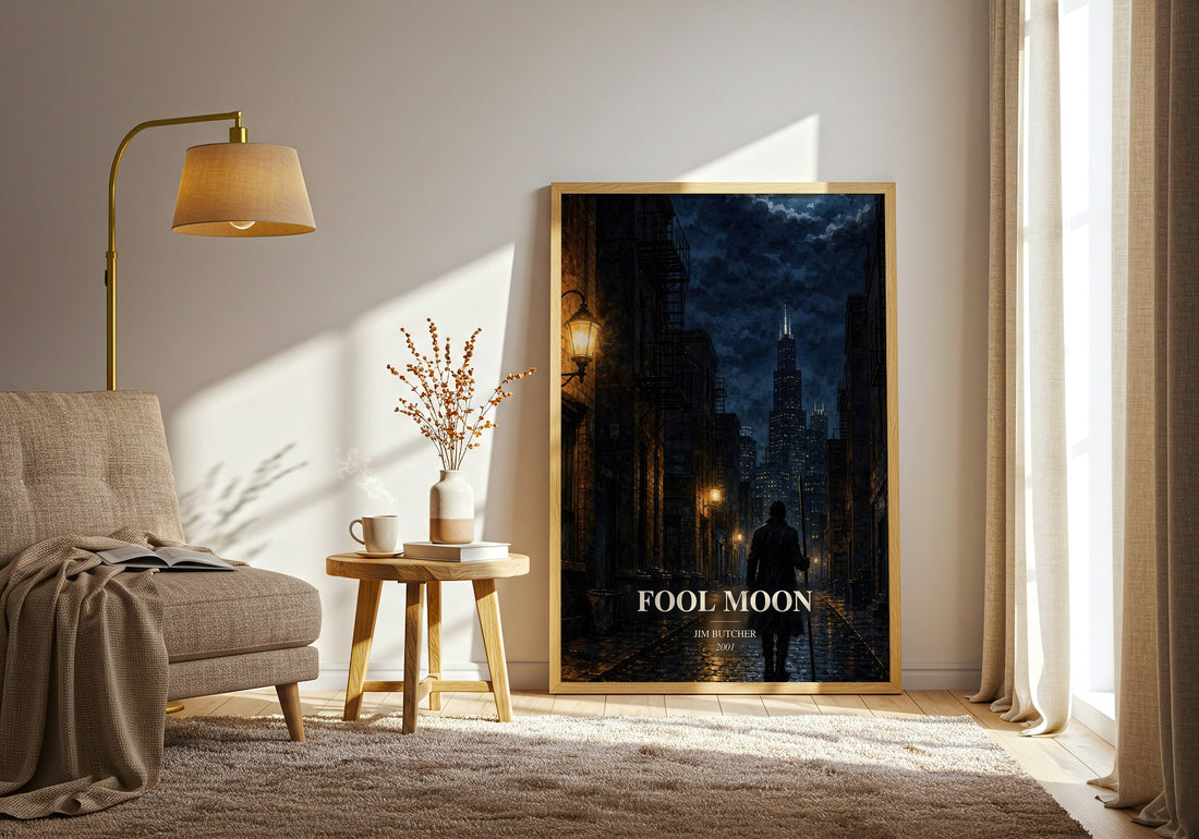 Fool Moon watercolour print in frame leaning in hallway – fantasy wall art (mockup)