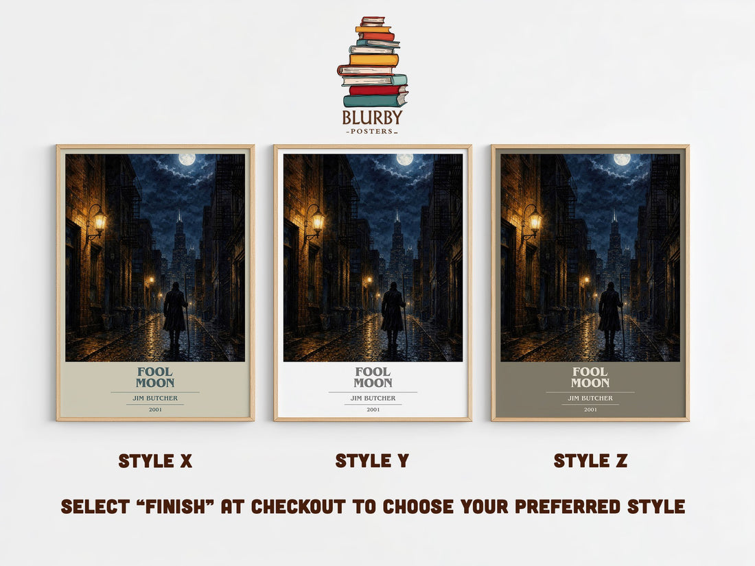 Fool Moon book cover print in frame leaning in hallway – fantasy wall art (mockup)