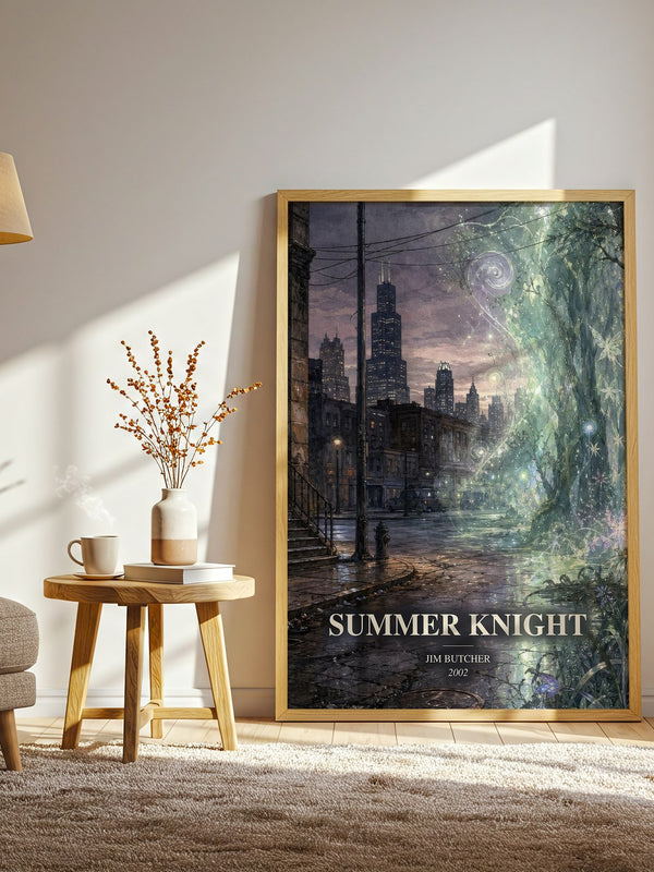 Summer Knight watercolour print in frame leaning in hallway – fantasy wall art