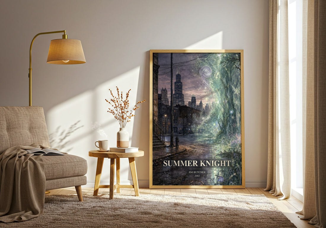 Summer Knight watercolour print in frame leaning in hallway – fantasy wall art (mockup)