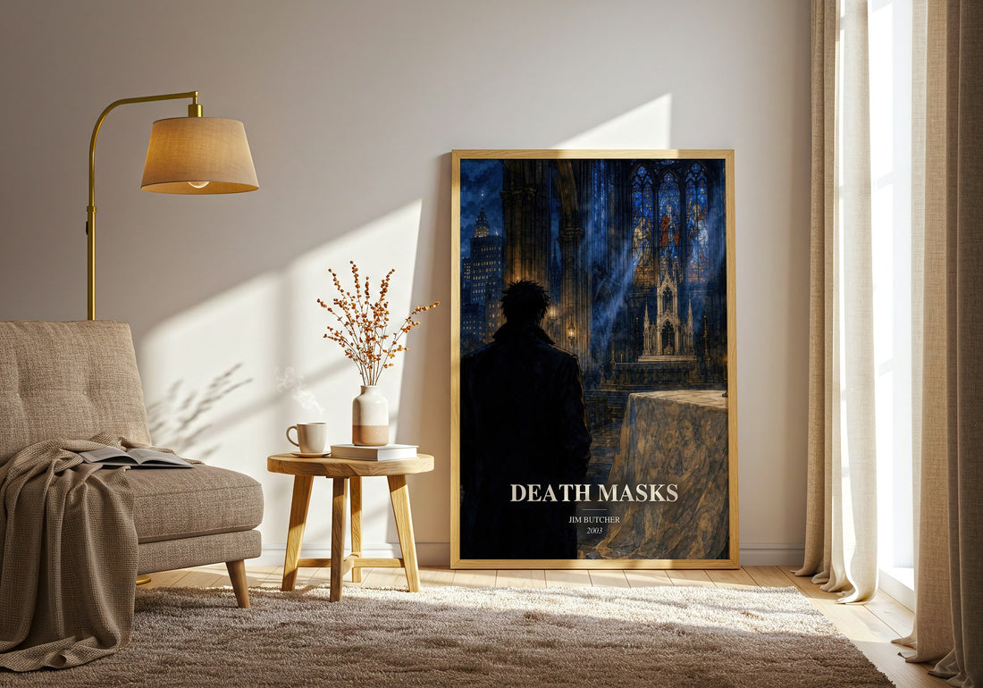 Death Masks watercolour print in frame leaning in hallway – fantasy wall art (mockup)