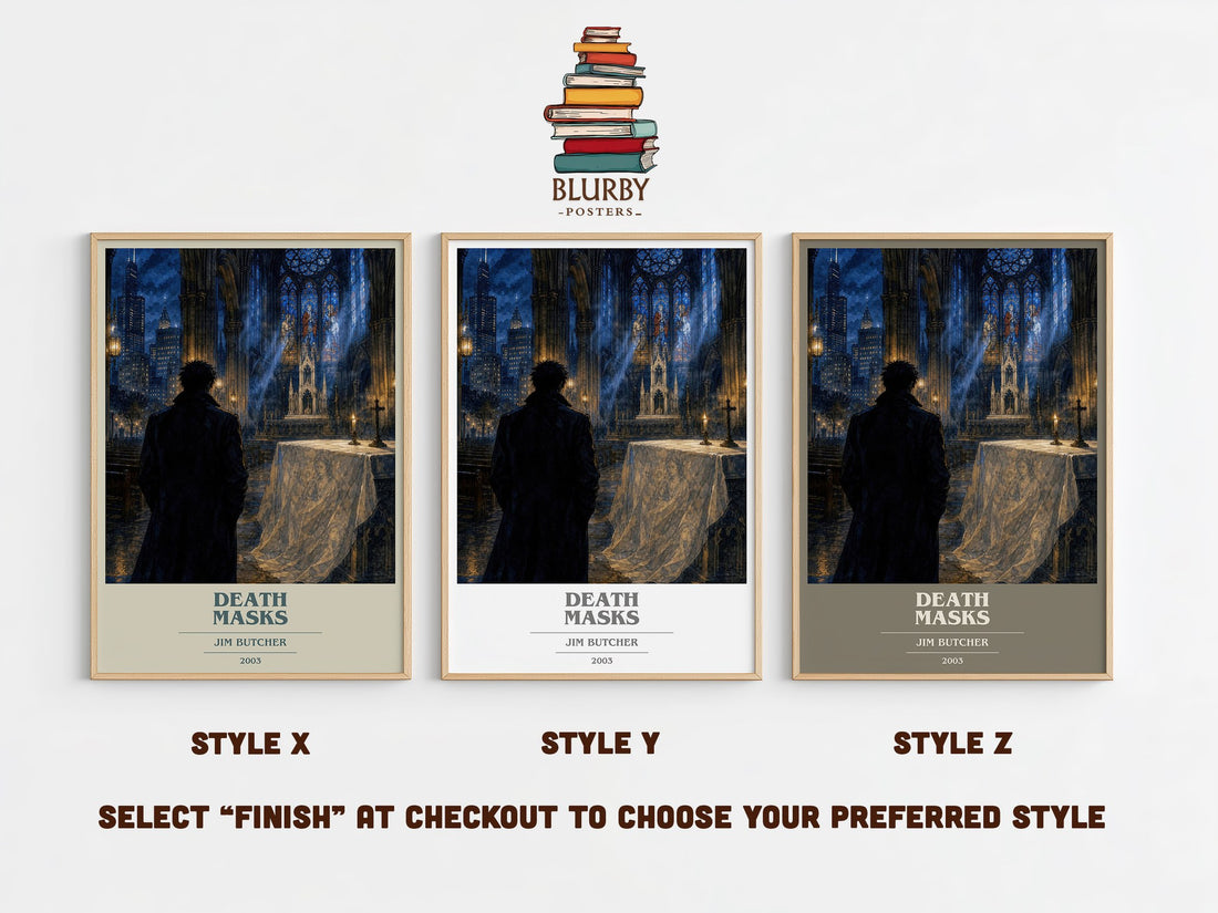 Death Masks book cover print in frame leaning in hallway – fantasy wall art (mockup)