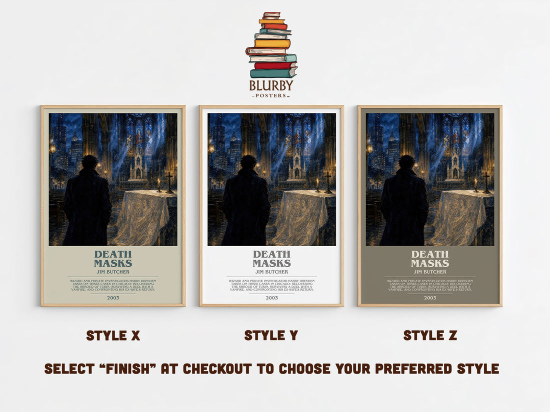 Death Masks bookish print in frame leaning in hallway – fantasy wall art (mockup)