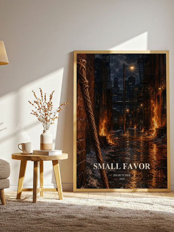 Small Favor watercolour print in frame leaning in hallway – fantasy wall art