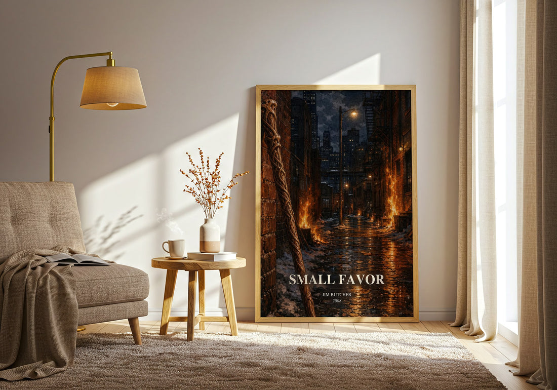 Small Favor watercolour print in frame leaning in hallway – fantasy wall art (mockup)