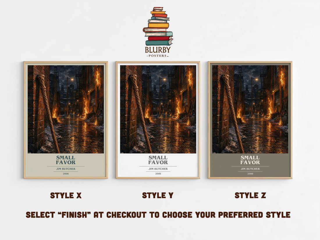 Small Favor book cover print in frame leaning in hallway – fantasy wall art (mockup)