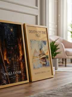 Small Favor watercolour print framed by window – literary home decor