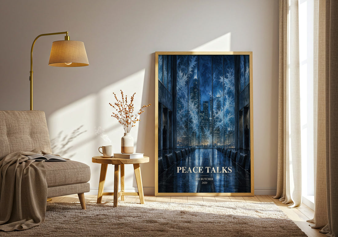 Peace Talks watercolour print in frame leaning in hallway – fantasy wall art (mockup)