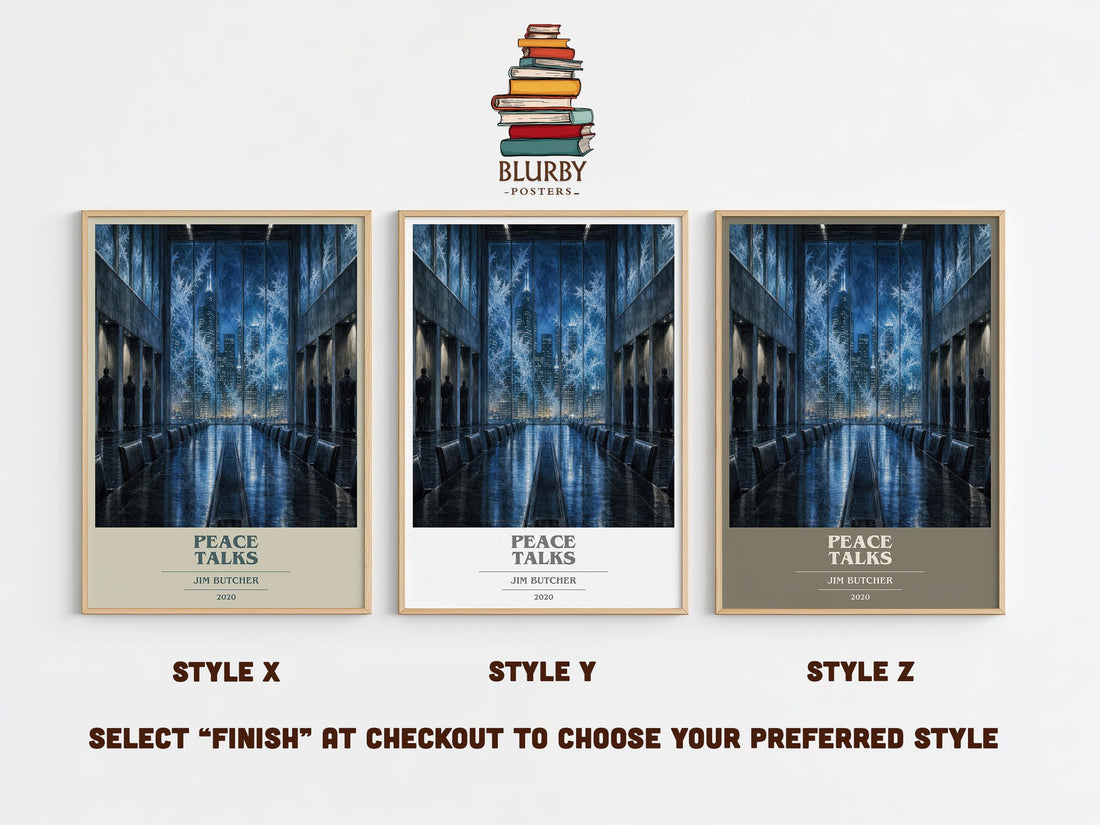 Peace Talks book cover print in frame leaning in hallway – fantasy wall art (mockup)