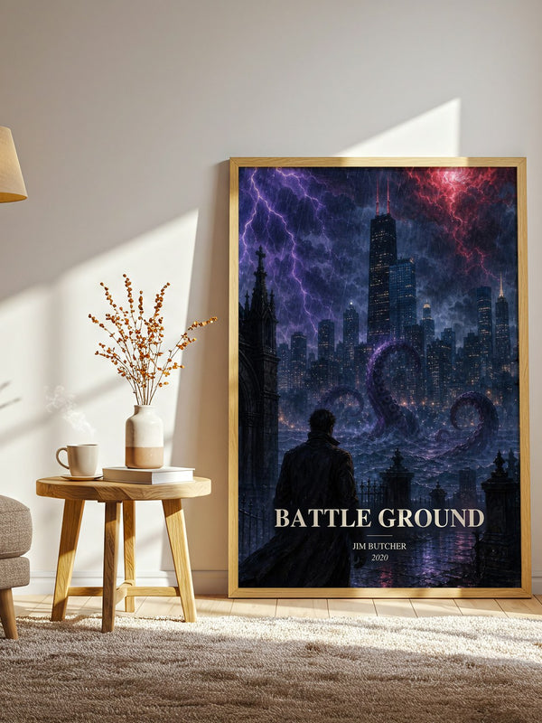 Battle Ground watercolour print in frame leaning in hallway – fantasy wall art