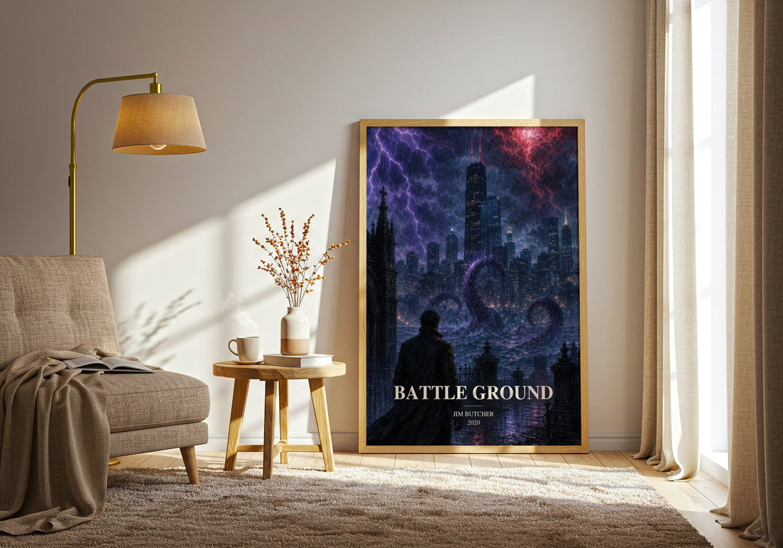 Battle Ground watercolour print in frame leaning in hallway – fantasy wall art (mockup)