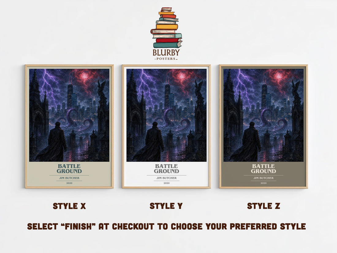 Battle Ground book cover print in frame leaning in hallway – fantasy wall art (mockup)