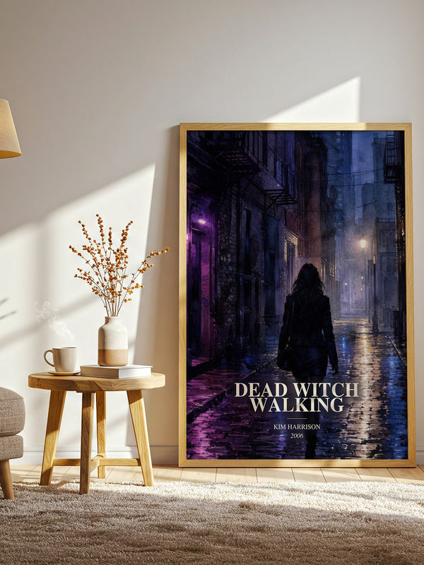 Dead Witch Walking watercolour print in frame leaning in hallway – fantasy wall art