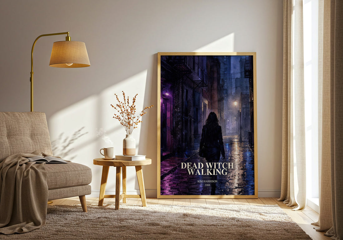 Dead Witch Walking watercolour print in frame leaning in hallway – fantasy wall art (mockup)