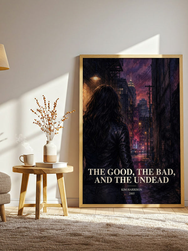 The Good, the Bad, and the Undead watercolour print in frame leaning in hallway – fantasy wall art
