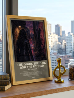 The Good, the Bad, and the Undead bookish print framed by window – literary home decor