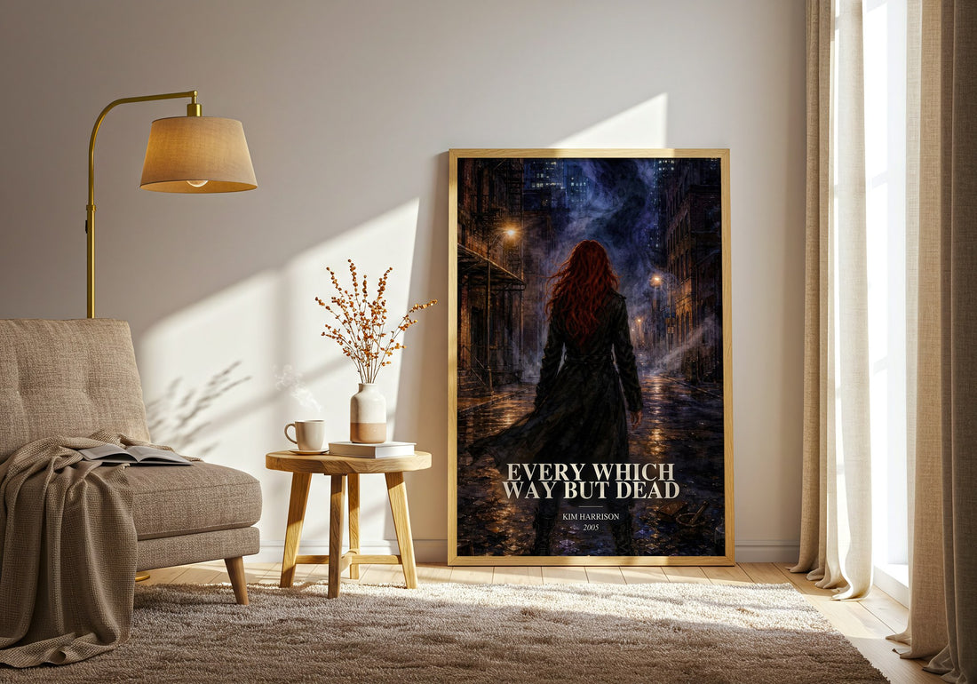 Every Which Way But Dead watercolour print in frame leaning in hallway – fantasy wall art (mockup)