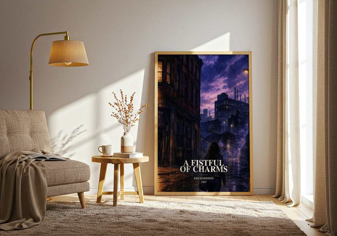 A Fistful of Charms watercolour print in frame leaning in hallway – fantasy wall art (mockup)