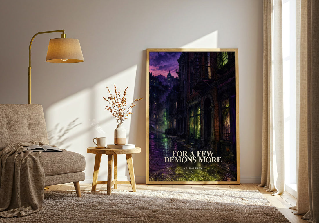For a Few Demons More watercolour print in frame leaning in hallway – fantasy wall art (mockup)