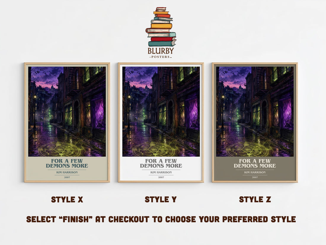 For a Few Demons More book cover print in frame leaning in hallway – fantasy wall art (mockup)