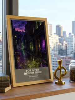 For a Few Demons More book cover print framed by window – literary home decor