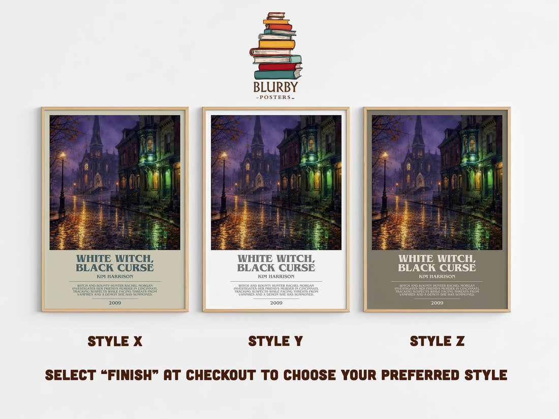 White Witch, Black Curse bookish print in frame leaning in hallway – fantasy wall art (mockup)