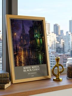 White Witch, Black Curse book cover print framed by window – literary home decor