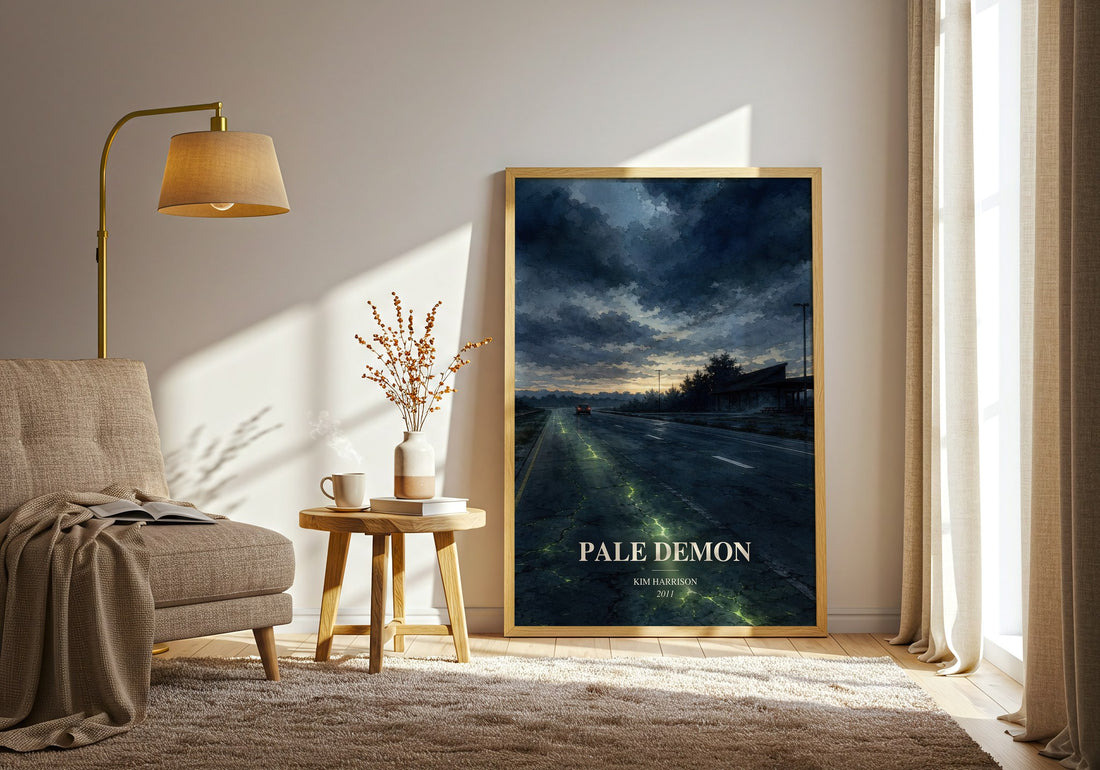 Pale Demon watercolour print in frame leaning in hallway – fantasy wall art (mockup)