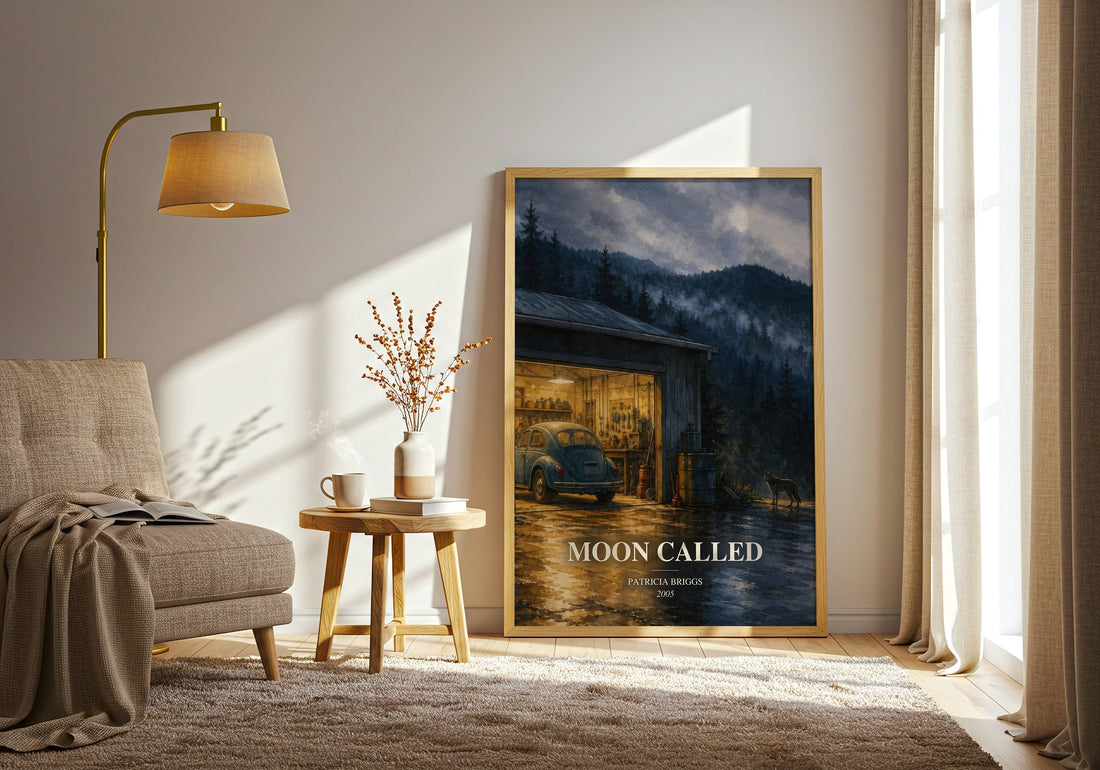 Moon Called watercolour print in frame leaning in hallway – fantasy wall art (mockup)