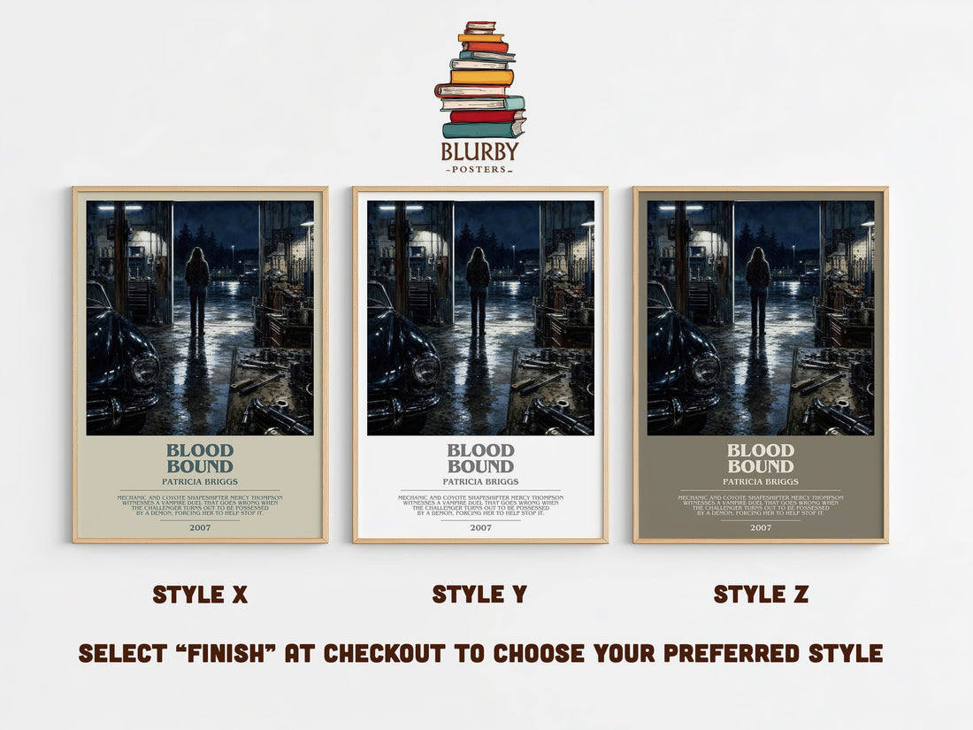 Blood Bound bookish print in frame leaning in hallway – fantasy wall art (mockup)