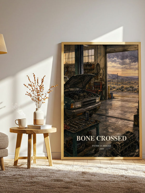 Bone Crossed watercolour print in frame leaning in hallway – fantasy wall art