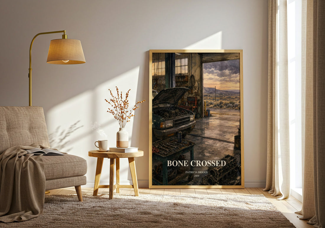 Bone Crossed watercolour print in frame leaning in hallway – fantasy wall art (mockup)