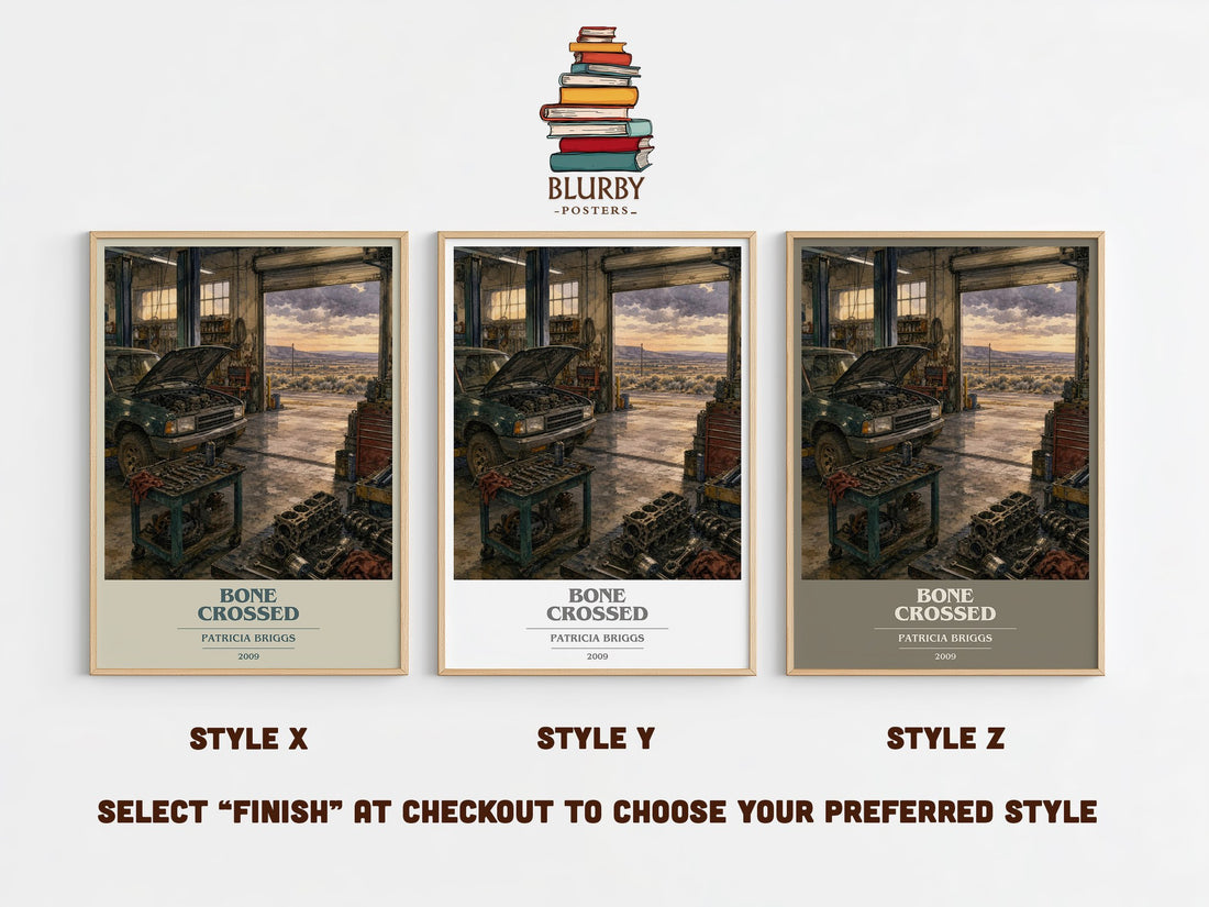 Bone Crossed book cover print in frame leaning in hallway – fantasy wall art (mockup)