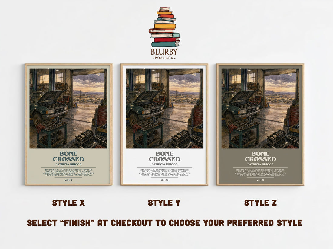 Bone Crossed bookish print in frame leaning in hallway – fantasy wall art (mockup)